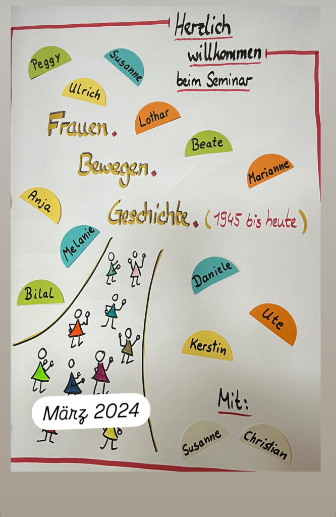 Bildbeschreibung: Türplakat vom verdi Seminar Frauen bewegen Geschichte im März 2024